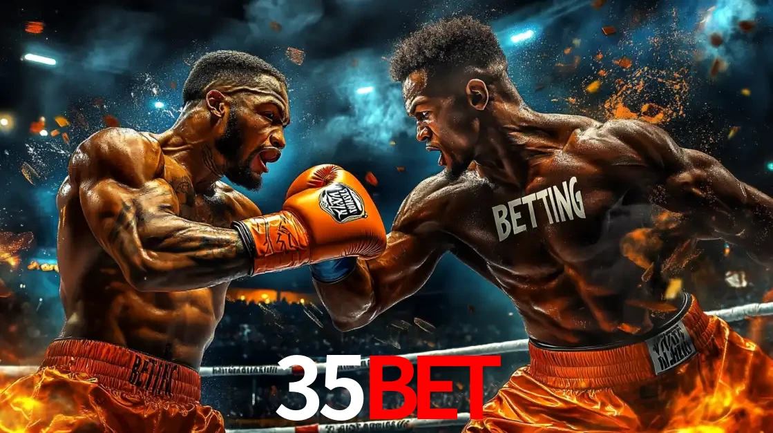 Dois boxeadores em uma luta intensa e explosiva, representando a adrenalina e as oportunidades de apostas em esportes de combate disponíveis na plataforma 35BET.