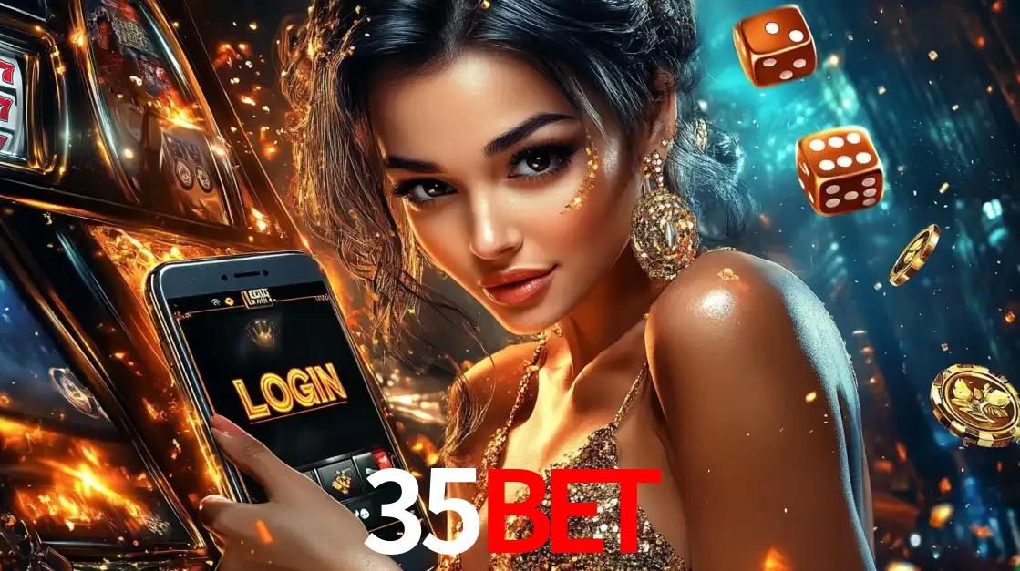 Mulher glamourosa segurando um celular com a tela de login do cassino 35BET, rodeada por dados e moedas douradas, pronta para começar a diversão.