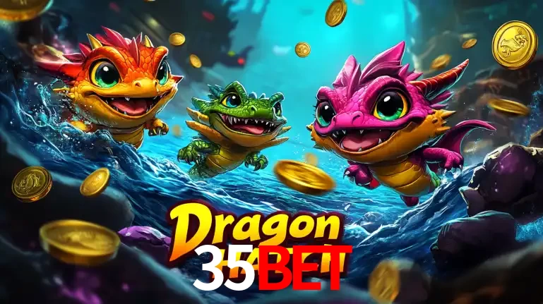 Arte promocional do jogo Dragon Hatch com três adoráveis dragões bebês nadando entre moedas de ouro, um dos slots mais divertidos para jogar no cassino 35BET.