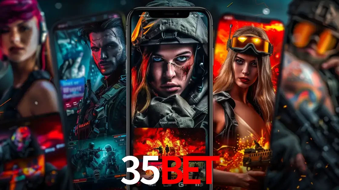 Montagem de telas de celular mostrando diversos personagens, masculinos e femininos, de um jogo de tiro, ilustrando a diversidade de equipes de e-sports para apostar no 35BET.