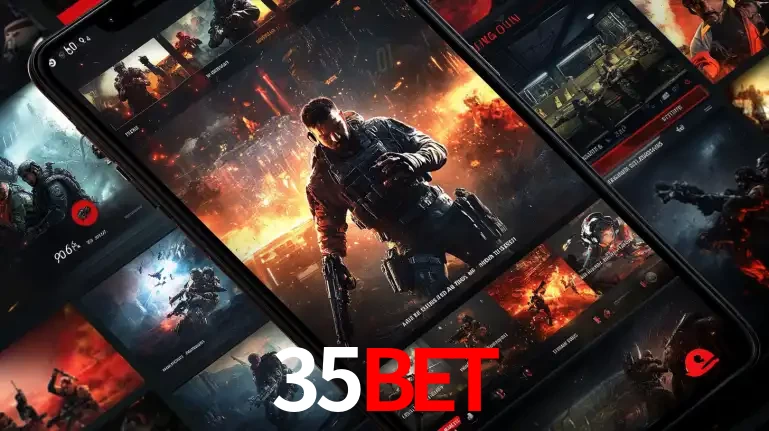 Tela de um celular exibindo uma galeria de jogos de tiro com temática militar, mostrando a variedade de e-sports disponíveis para apostas na plataforma de entretenimento 35BET.
