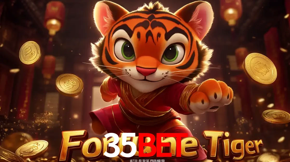 O carismático mascote do jogo de slot Fortune Tiger, um tigre fofo em pose de artes marciais, pronto para trazer sorte e multiplicadores de ganhos no cassino online 35BET.