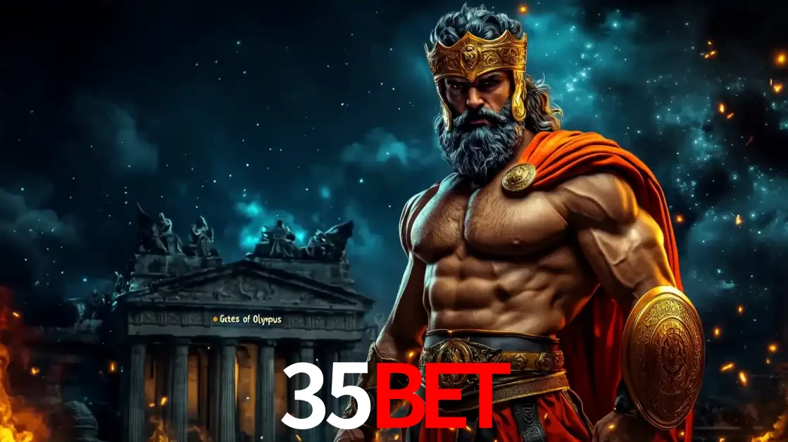 O poderoso Zeus do jogo de slot Gates of Olympus em frente ao seu templo, pronto para lançar multiplicadores divinos e prêmios épicos no cassino online 35BET.