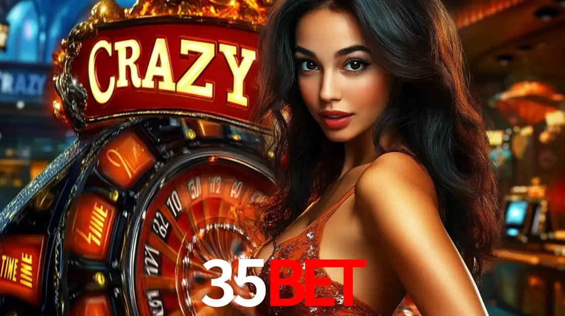 Mulher glamourosa olhando para a câmera com a roda vermelha do Crazy Time ao fundo em um ambiente de cassino, destacando a emoção dos jogos ao vivo no 35BET.