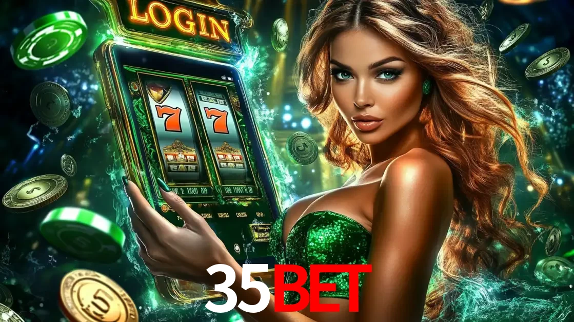 Mulher com tema verde apresentando o aplicativo do cassino 35BET com um jogo de slot de 777, cercada por fichas de cassino e uma aura de sorte.