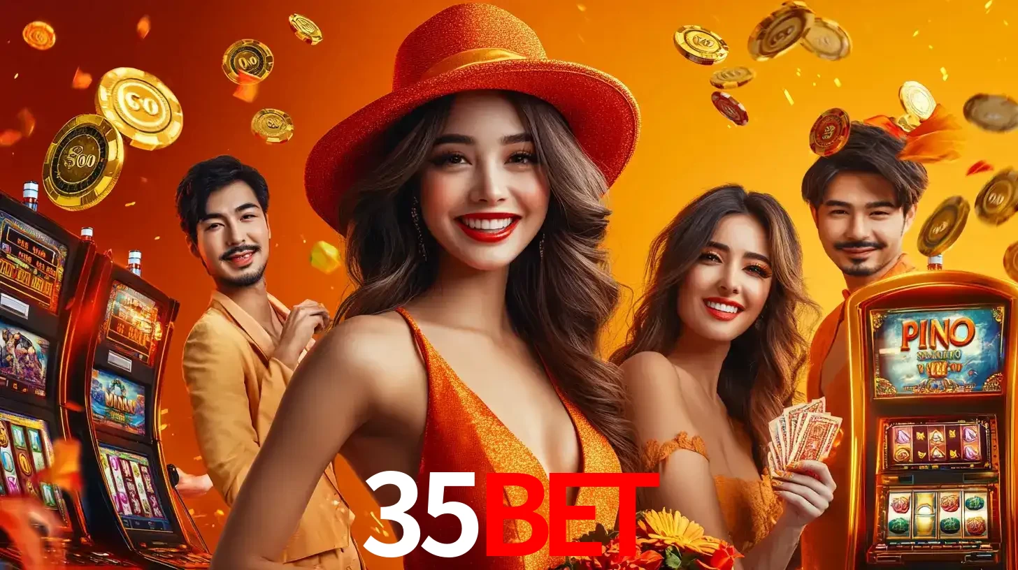 Grupo de amigos asiáticos sorrindo e se divertindo com máquinas de caça-níqueis em um ambiente festivo, celebrando suas vitórias nos jogos de cassino do 35BET.