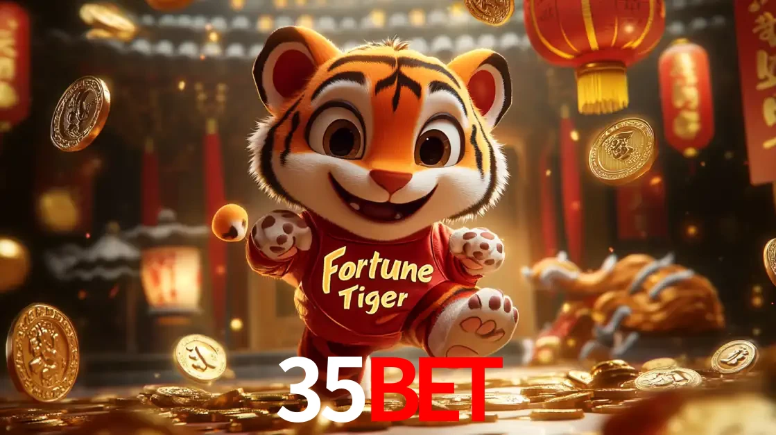 O alegre personagem do Fortune Tiger correndo sobre um caminho de moedas de ouro, simbolizando os grandes prêmios e a diversão do popular jogo de slot do 35BET.