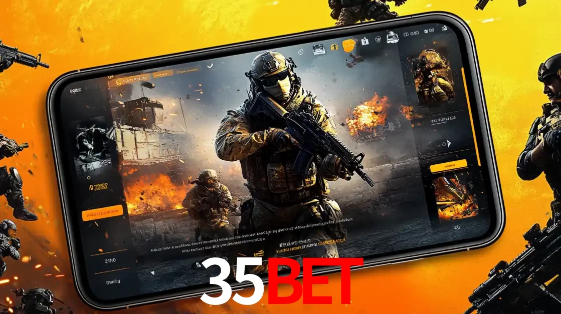 Um smartphone exibindo a interface de um jogo de tiro em primeira pessoa, com um soldado em um cenário de batalha, representando a ação dos e-sports para apostar no 35BET.