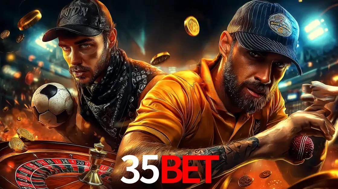 Montagem de apostas esportivas e cassino no 35BET, com um homem segurando uma bola de futebol e outro uma de beisebol sobre uma roleta e moedas voadoras.