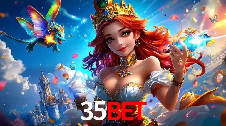 A princesa de um reino de fantasia mágico, com seu pequeno dragão, apresentando um mundo de prêmios encantados nos jogos de caça-níqueis do cassino 35BET.