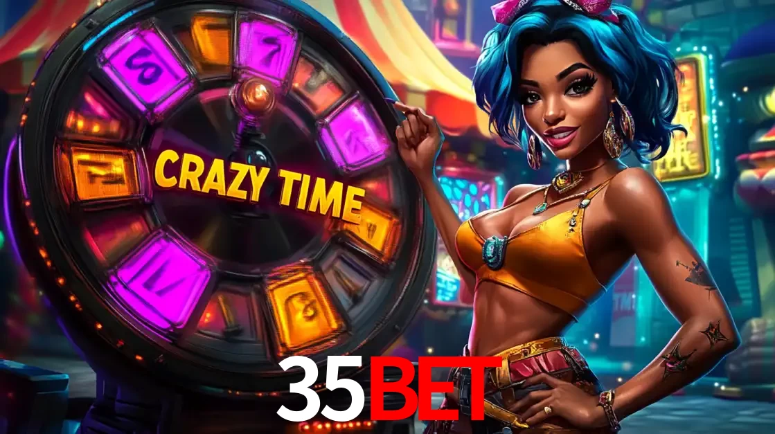 Mulher estilizada com cabelo azul e visual vibrante posando ao lado da roda de prêmios do game show Crazy Time, convidando para a diversão e os bônus do cassino 35BET.