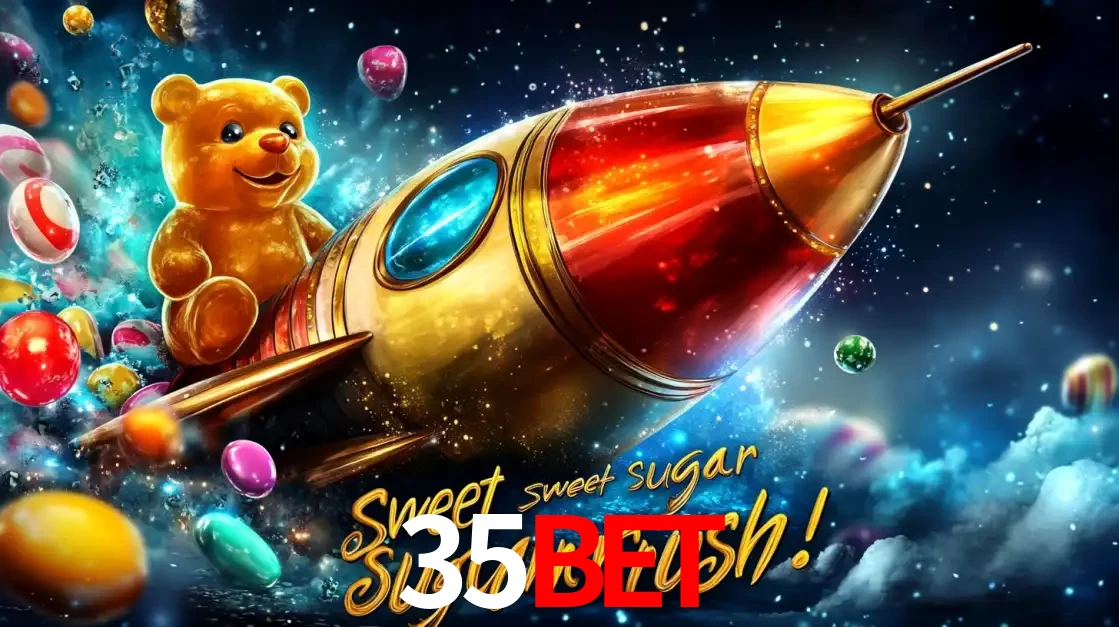 Arte promocional do jogo de slot Sugar Rush, com um urso de pelúcia em um foguete viajando pelo espaço de doces, um dos jogos divertidos disponíveis no cassino 35BET.