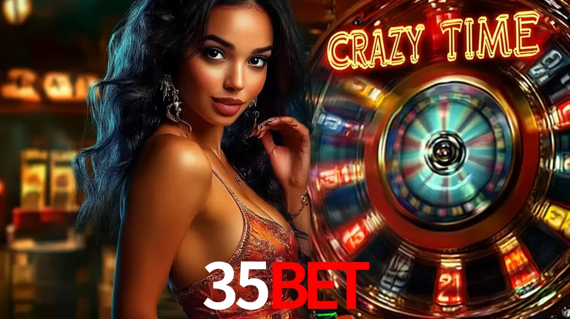 Mulher elegante ao lado da vibrante roda da fortuna do jogo de cassino ao vivo Crazy Time, um dos game shows mais populares e cheios de prêmios do 35BET.