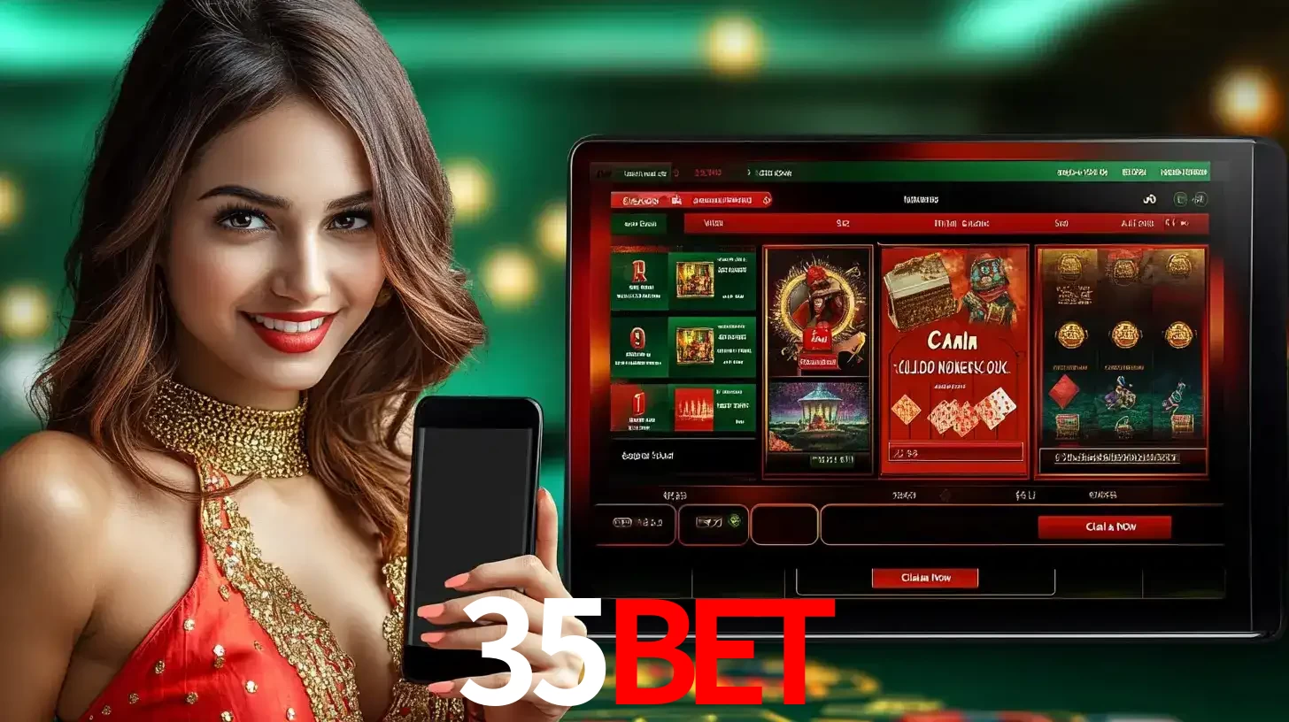 Mulher sorridente segurando um smartphone, ao lado de uma tela exibindo o lobby de jogos do cassino online 35BET, com várias opções de jogos de cartas e slots.
